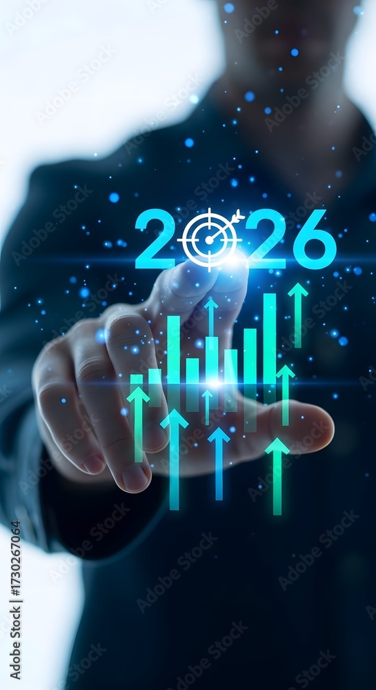 Obraz premium 2026 closeup of a persons finger interacting with a digital display showing the year 2026 and a rising financial chart
