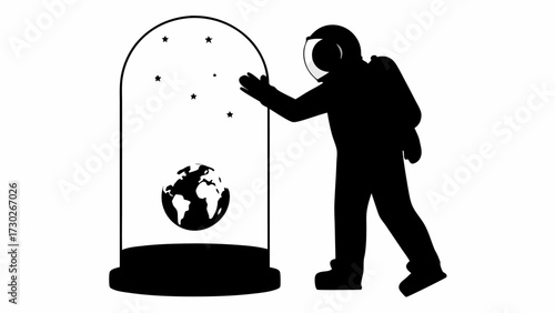 Astronaut reaching for a terrarium-encased Earth, stars above, offering a hopeful vision for Earth's future, climate solution concept, a symbol of preservation