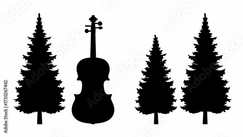 Evocative silhouette of a violin nestled among tall pines, perfect for classical music posters, holiday concerts, or nature-inspired designs