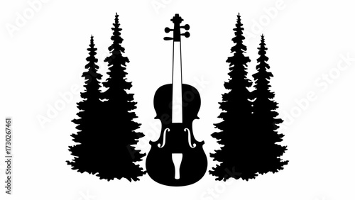 Captivating silhouette of a violin nestled amongst tall evergreen trees evoking a sense of harmonious nature and artistic expression