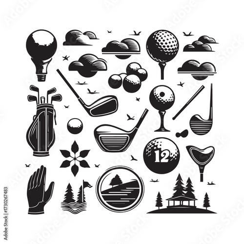 Assortment of Golfing Items and Nature Elements in Silhouette Style Keywords: golf, sport, equipment, accessories, silhouette, black and white, golf club, golf bag, golf ball, golf shoe, light
