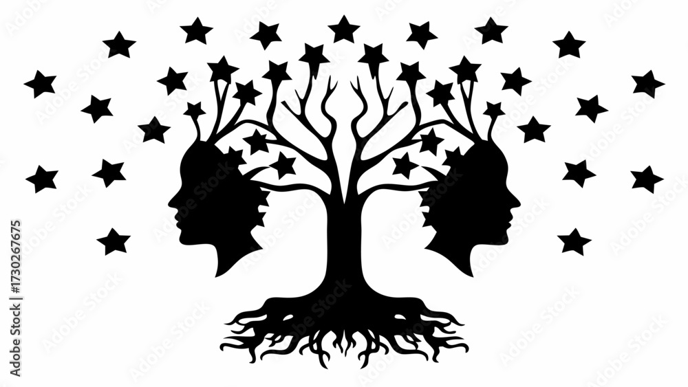 Naklejka premium Symbolic tree of life entwined with human profiles and scattered stars, representing growth, connection, and dreams