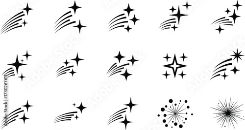 Collection of fifteen starburst and shooting star graphic elements, depicted in black and white, with varying trail styles.