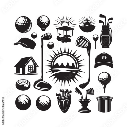 Black and White Icons of Golf Equipment, Buildings, and Nature Elements Keywords: golf, sport, house, building, golf clubs, golf balls, golf bag, golf cart, sun, sunrise, sunset, trees, cap