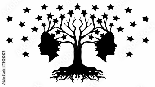 Symbolic tree of life entwined with human profiles and scattered stars, representing growth, connection, and dreams