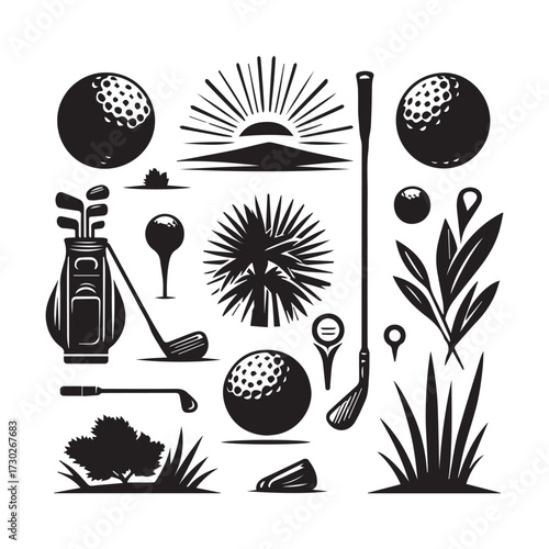Black and white golf elements including equipment, natural scenery, and abstract sunburst on a white background Keywords: golf, sport, equipment, icon, illustration, golf ball, golf club, golf bag