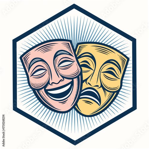 Theater masks of comedy and tragedy framed in a hexagon emblem.