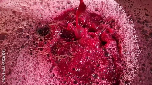 Close-up pouring dark, crimson grape must, creating a deep splash in a vessel. Vibrant, foamy layer of magenta bubbles, indicating active fermentation of winemaking process