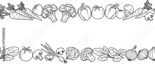 Black and white line art illustration featuring a border of various vegetables, including carrots, broccoli, tomatoes, onions, spinach, and mushrooms.
