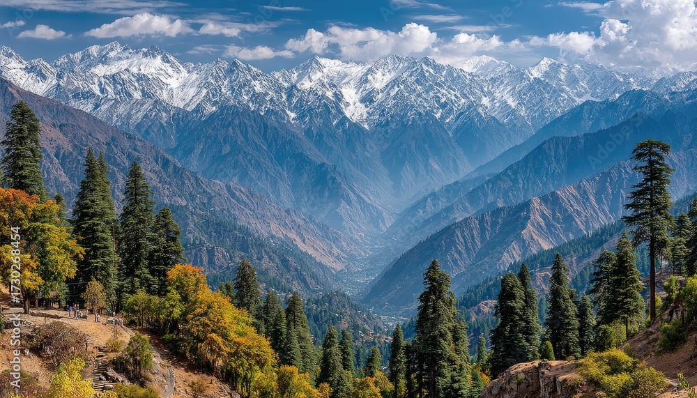 Fototapeta premium Mountain vista, snow-capped peaks, autumnal colors