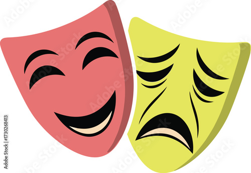 Theatrical masks depicting comedy and tragedy, one smiling and one frowning, symbolizing drama and performance arts.