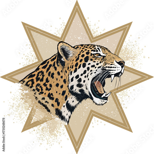 Jaguar head roaring with star background and grunge texture.