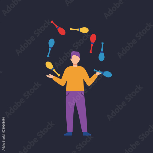 Juggler with props tossing them in the air, wearing purple pants, orange shirt