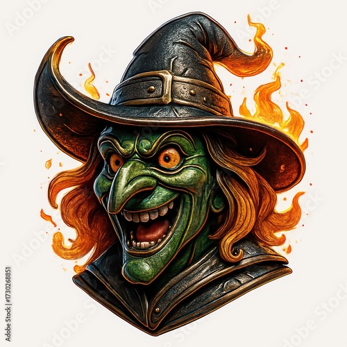 Green Witch with Fiery Hair and Wicked Grin woman halloween
