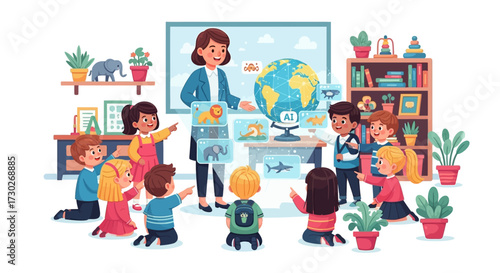 A diverse group of children engaged in an interactive learning experience with their teacher in a vibrant classroom setting