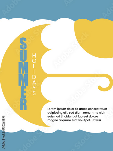 Summer Holidays Vector Poster Design Template - Minimalist Flat Style Seasonal Vacation Umbrella on Sky Background