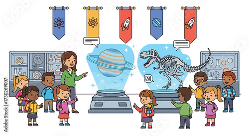 A teacher guides a group of children through a museum exhibit, pointing at displays.