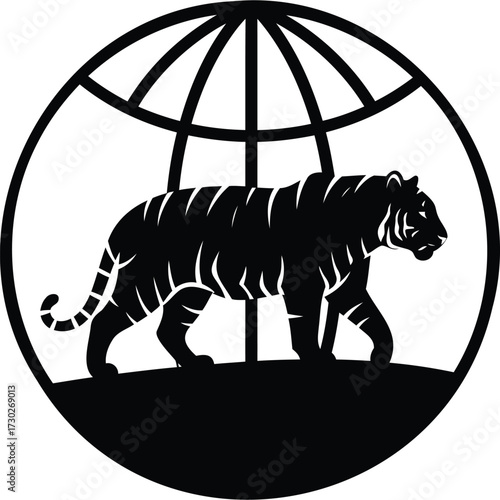A striking black and white emblem featuring a tiger inside a globe like sphere with visible meridians silhouette