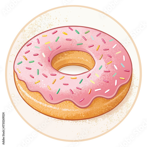 A delicious pink frosted donut with colorful sprinkles on a light background.