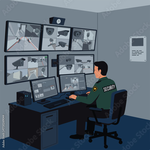 Security guard monitors cameras in control room, desks, computers, blue tones
