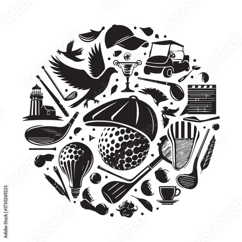 Circular Composition of Golf Icons, Wildlife, and Lighthouse Silhouette golf club golf ball