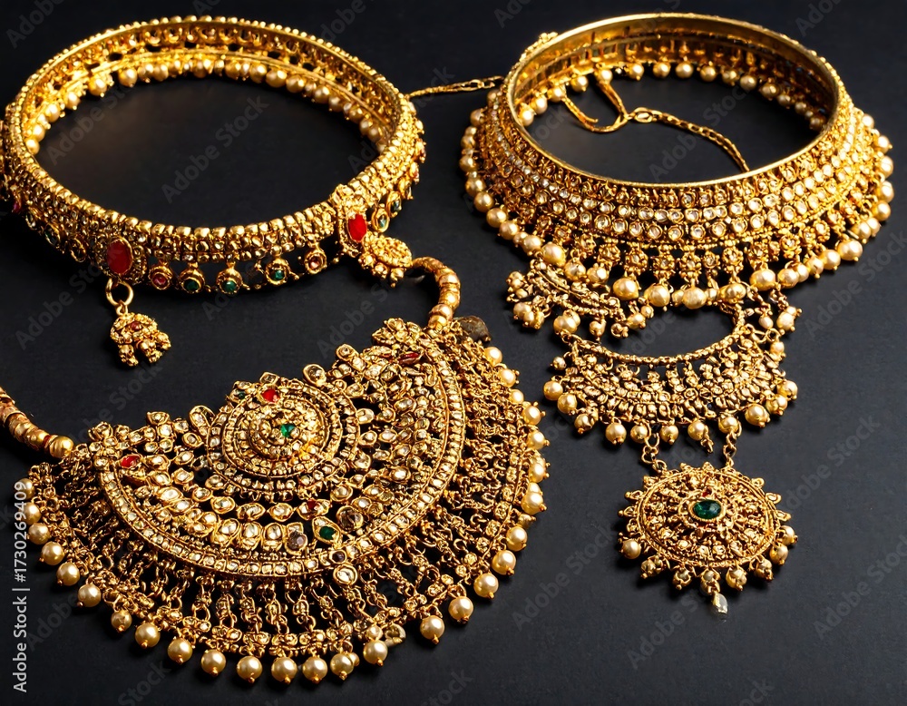 Obraz premium Ornate gold necklace set with gemstones and pearls, displayed on a dark surface