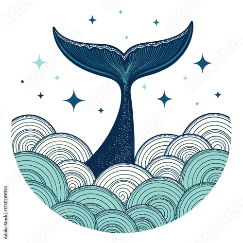 Whimsical whale tail emerging from stylized waves and stars.