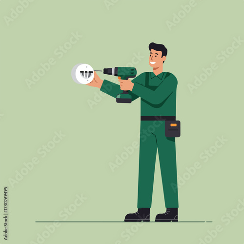 Cartoon tradesman using power drill on white electrical fixture