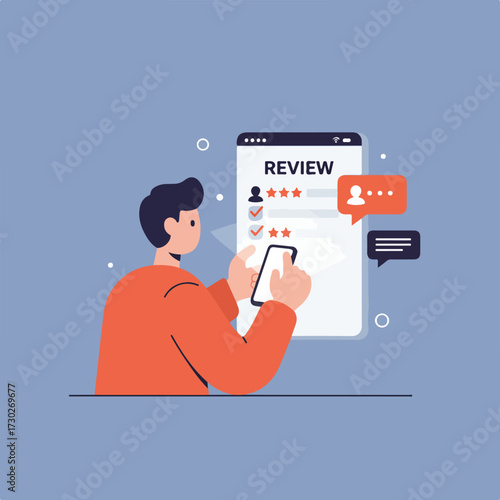Cartoon person reviews service on their phone; comments bubbles appear