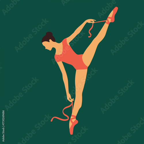 Ballerina ties pointe shoes, arms extended against deep green background
