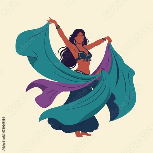Dancer with flowing teal and purple fabric against a neutral background