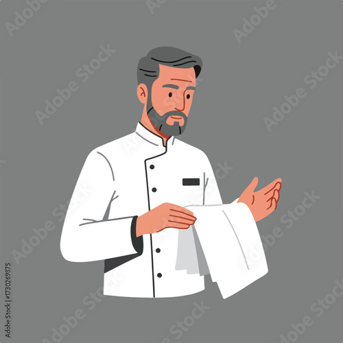 Chef in whites wiping hands with white cloth on gray backdrop