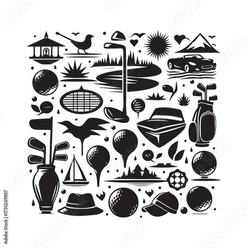 Collage of Golfing Icons and Elements in a Square Layout golf ball golf club