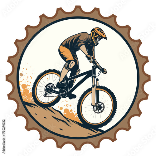 Illustration of a mountain biker on a downhill trail with a gear-like border.