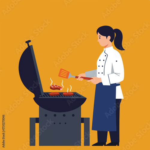 Woman grilling steaks over an open barbeque, steam rising, spatula in hand
