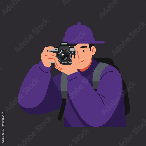 Person in purple with camera, backpack, and hat
