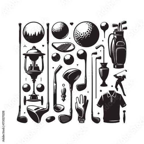 Collection of black and white golf equipment and accessories arranged in a collage on a white background Keywords: golf, sport, equipment, clubs, balls, bag, tee, glove, shirt, shoes, trophy, lamp