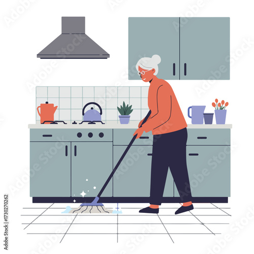 Lady mops kitchen floor