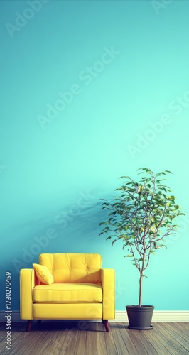 A vibrant yellow armchair sits against a light teal wall, complemented by a small potted plant, in a serene and stylish interior.