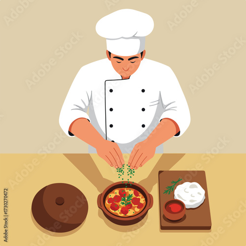 Chef adding herbs to dish with tomatoes, rice, sauce, and cheese nearby