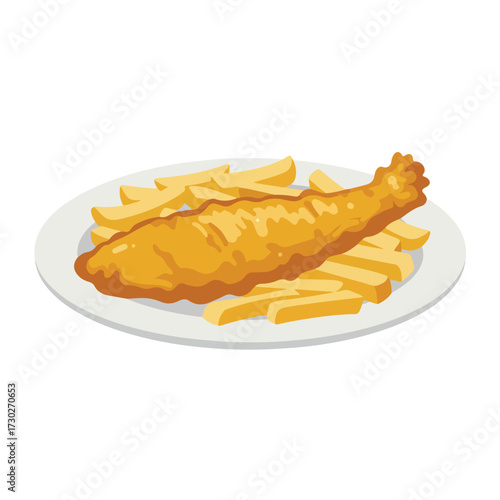 Fish and chips on a white plate, a typical British meal