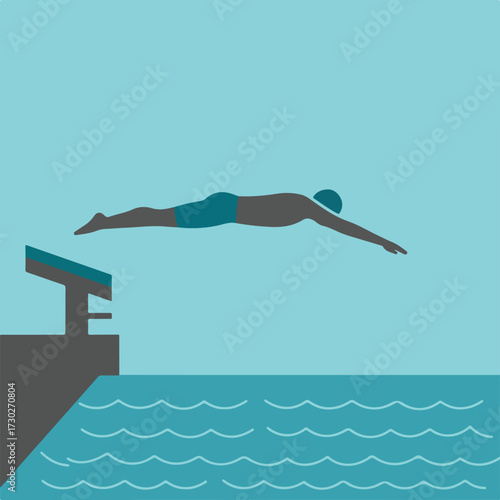 Swimmer dives from the gray platform into blue wavy water against azure backdrop