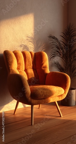 Warm sunlight streams into a room, illuminating a stylish mustard-yellow armchair on a wooden floor.