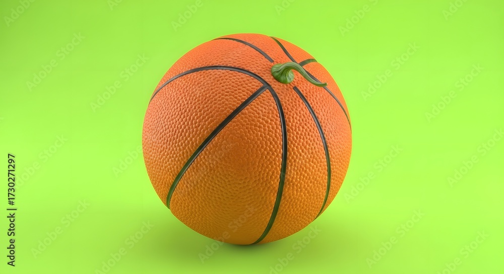 Fototapeta premium Orange Basketball with Pumpkin Stem on Lime Green Background