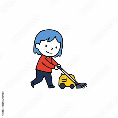 Child pushing a toy vacuum cleaner while smiling in casual attire  