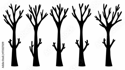 Silhouette of bare trees in a row, minimalist art perfect for seasonal designs, evoking a sense of nature's beauty and calm.
