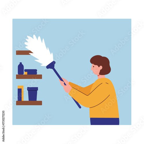 Person dusting shelves with a feather duster