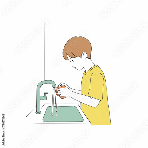 Young boy rinsing a cup in the sink while standing indoors  