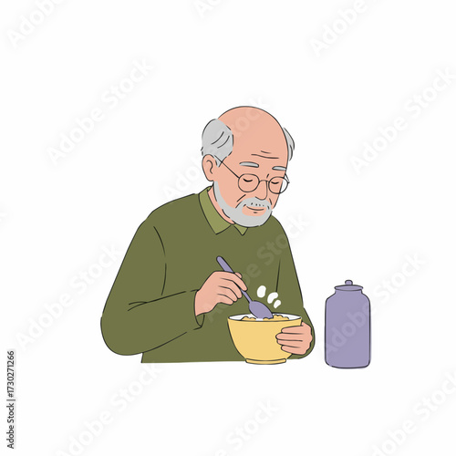Elderly man eating oatmeal with spoon while sitting at table  