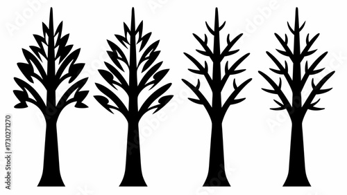 Silhouette trees in varying stages of leaf and branch detail create a modern, minimalist design perfect for nature-inspired branding and elegant decor.